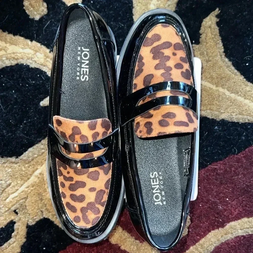 JONES New York Women’s Black Patent Vegan Leather Animal Print Loafers Shoes